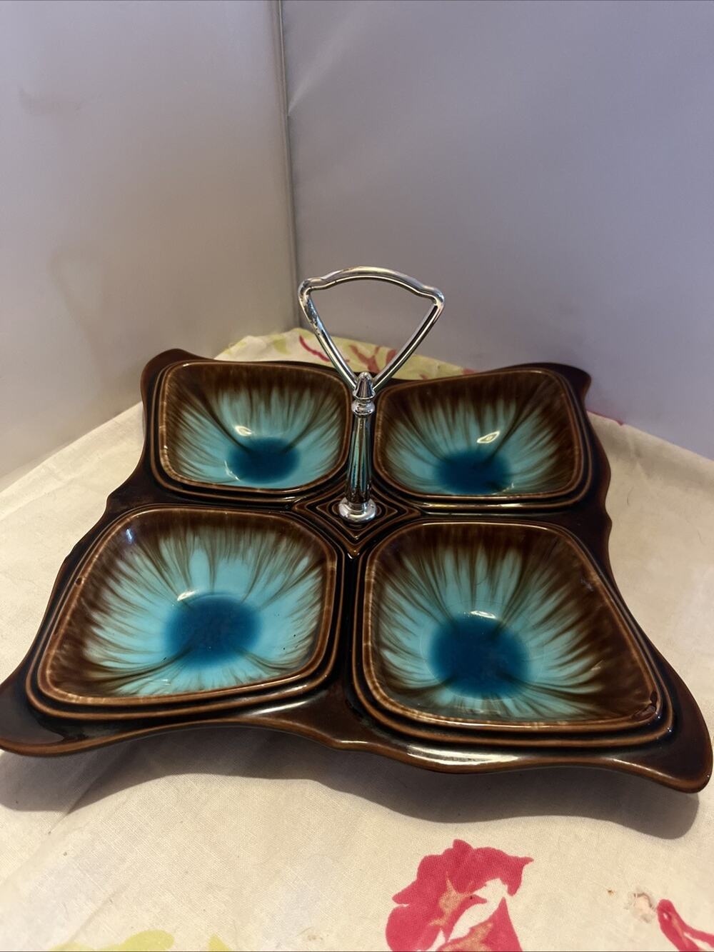 Vintage MCM Drip Glaze Square Turquoise & Brown Serving Tray Dish w Handle USA